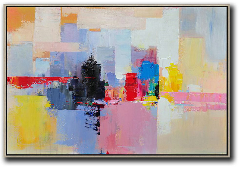 Original Painting Hand Made Large Abstract Art,Horizontal Abstract Landscape Art,Large Canvas Art,White,Pink,Yellow,Black,Red.etc
